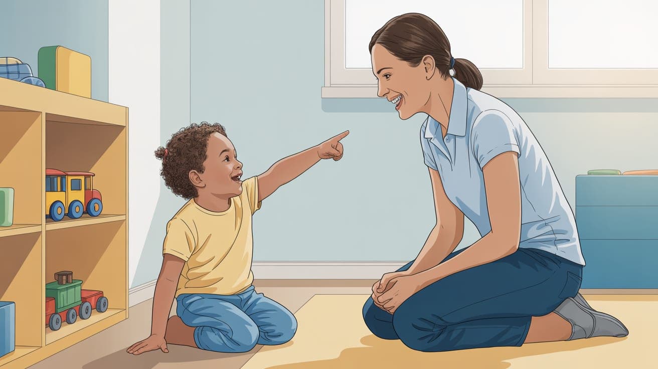 A young child, around 4 years old, is on the floor of a bright, clean playroom, pointing excitedly at a toy train on a low shelf just out of reach. A female therapist kneels beside the child, smiling