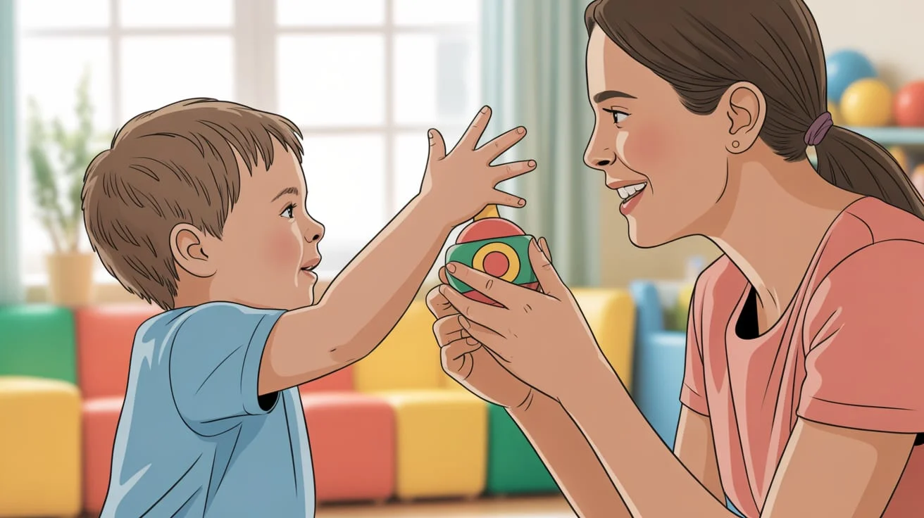 A young child with autism, around 4-6 years old, is reaching for a desired toy held by a smiling therapist or parent, making eye contact. The setting is a brightly lit, colorful therapy room with soft