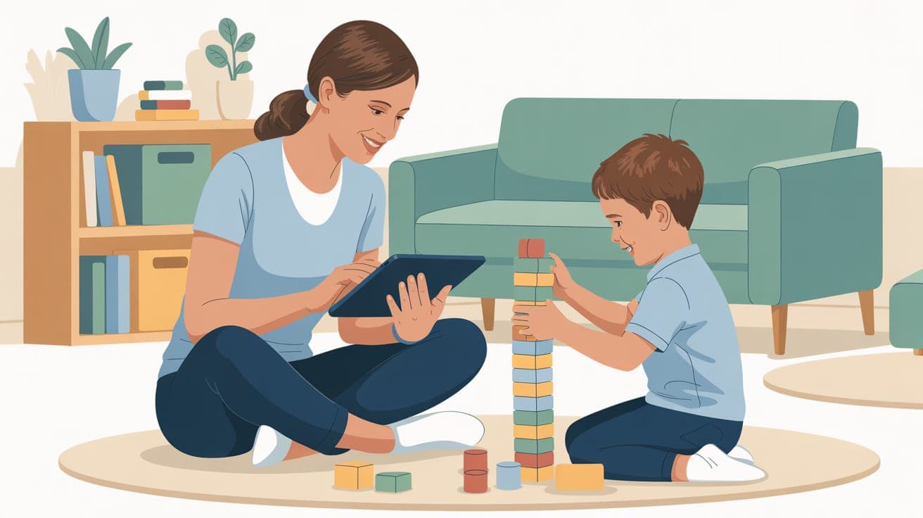 A warm, brightly lit therapy room where a female BCBA with a tablet sits on the floor next to a young boy who is happily stacking colorful blocks. The focus is on their positive, one-on-one interactio