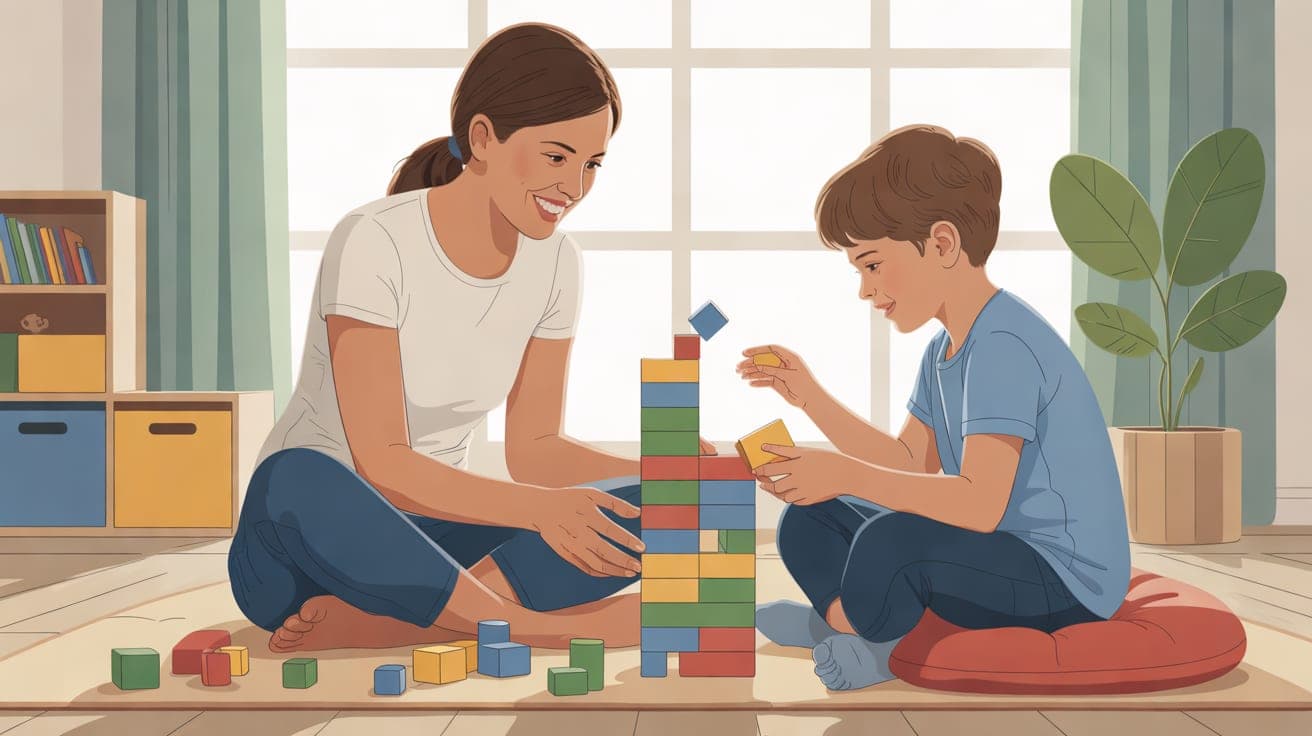 A gentle, warm illustration of a female therapist and a young boy sitting together on a floor cushion in a sunlit