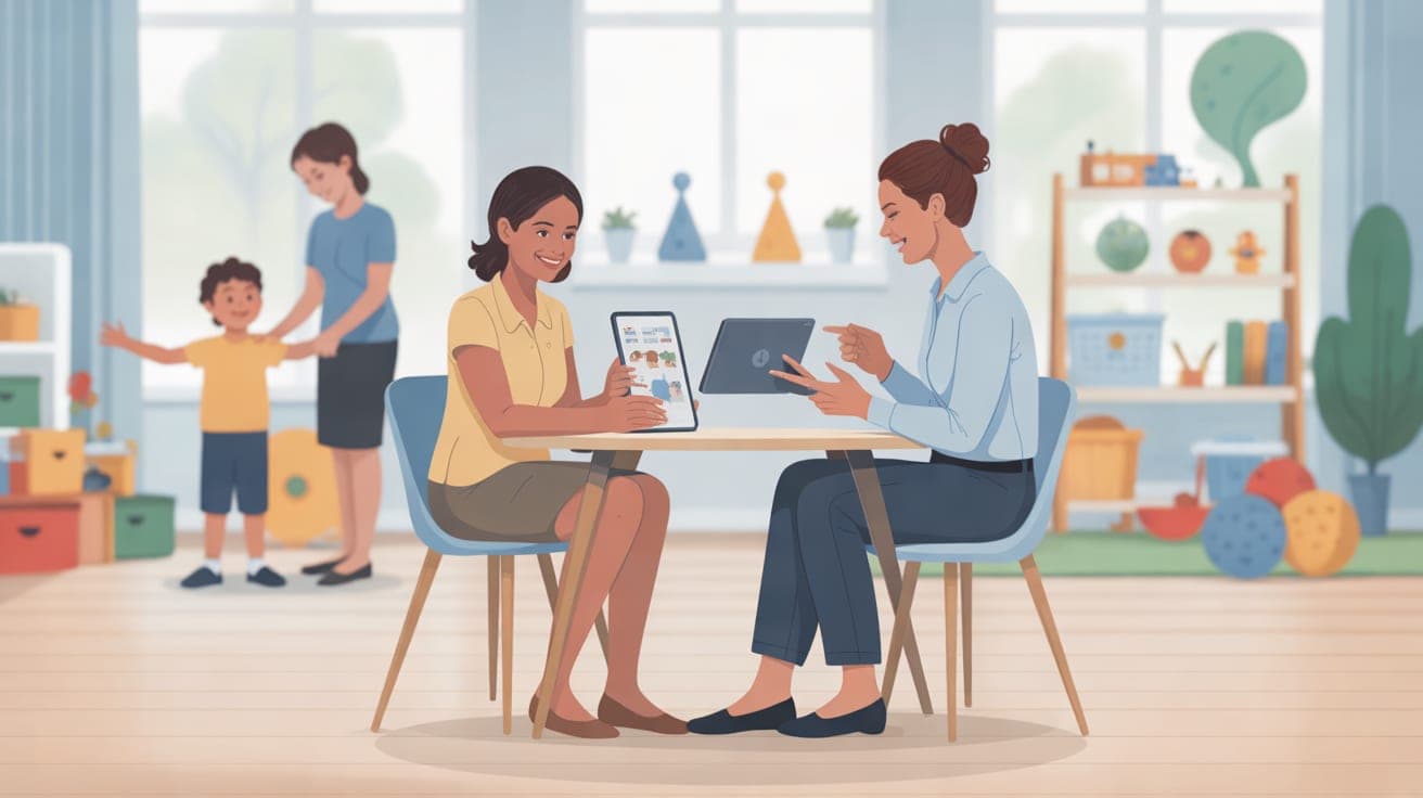 A parent and a clinical director sit at a small table in a bright, modern, and welcoming therapy room, warmly discussing a child's plan on a tablet. In the soft-focus background, a child and a therapi